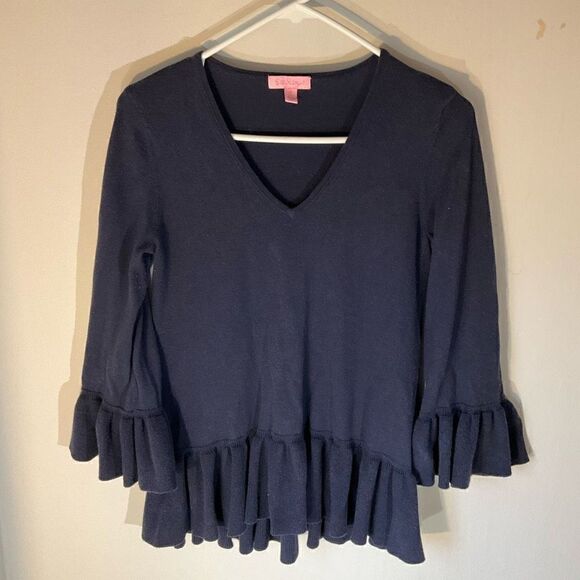 Lilly Pulitzer Adela Ruffle Hem Sweater, S. Navy. Lightweight, preppy - Picture 10 of 13